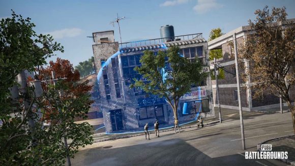 A new 'blue zone grenade' detonates in a building in PUBG: Battlegrounds, sending a blue zone orb out 10 metres in all directions.