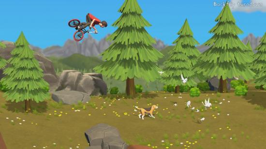 A cartoon-style BMX rider pulls a trick high above the forest floor as a beagle watches some birds in Pumped BMX Pro.