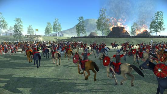 Roman cavalry and infantry charging through a Gallic town