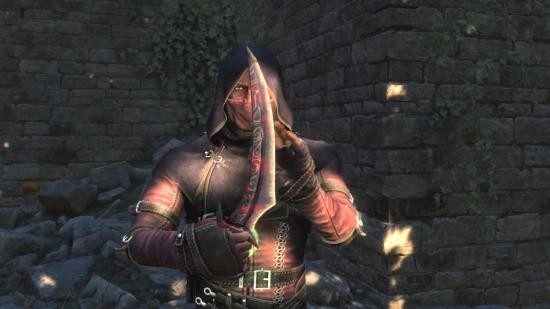 An assassin admires a legendary dagger in the massive Skyrim mod, Skyblivion