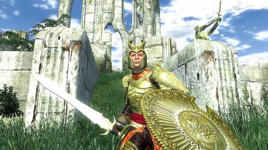 A gold-armour-wearing knight in Oblivion by some Ayelid ruins