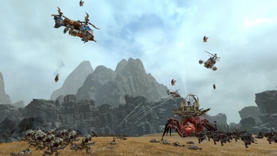Dwarven gyrocopters drop bombs on greenskin formations in Total War: Warhammer 2.