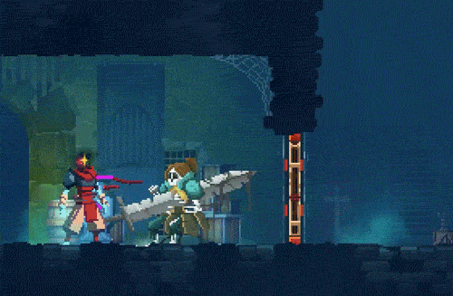 The Dead Cells hero encounters a skeleton at the doorway to the new training room.