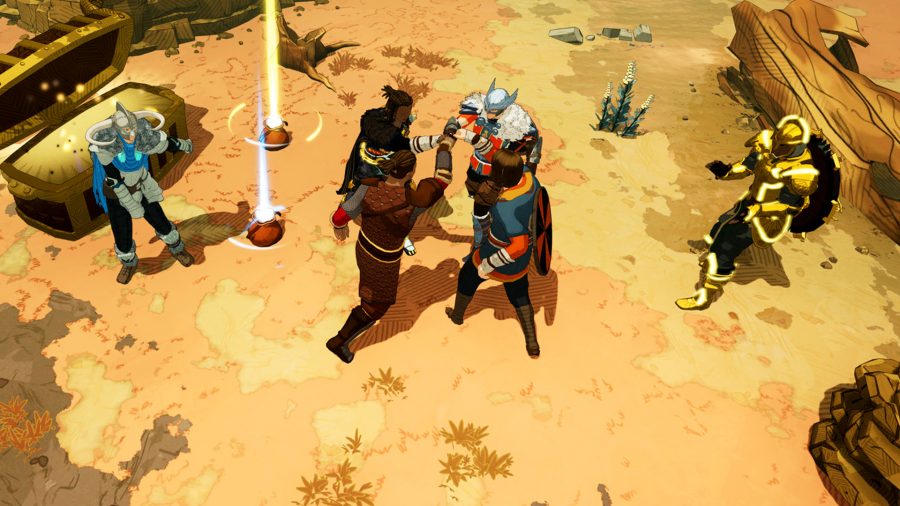 A six-person tribe in Tribes of Midgard celebrating in-game