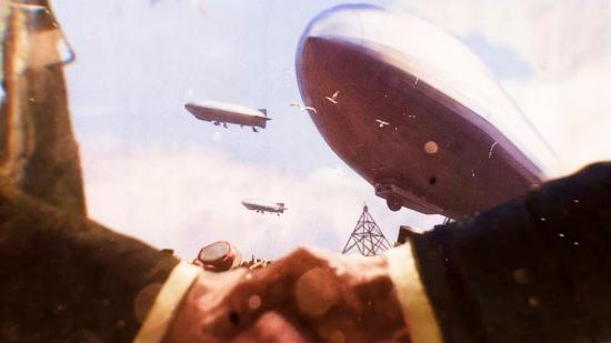 Airships soar overhead as two figures shake hands in the Victoria 3 teaser trailer.