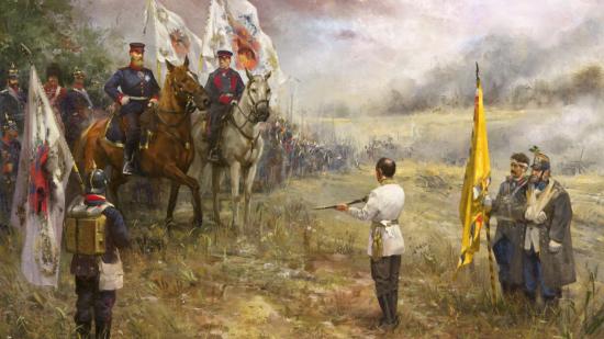 A painted-effect image of a military man on horseback accetping the surrender of another man