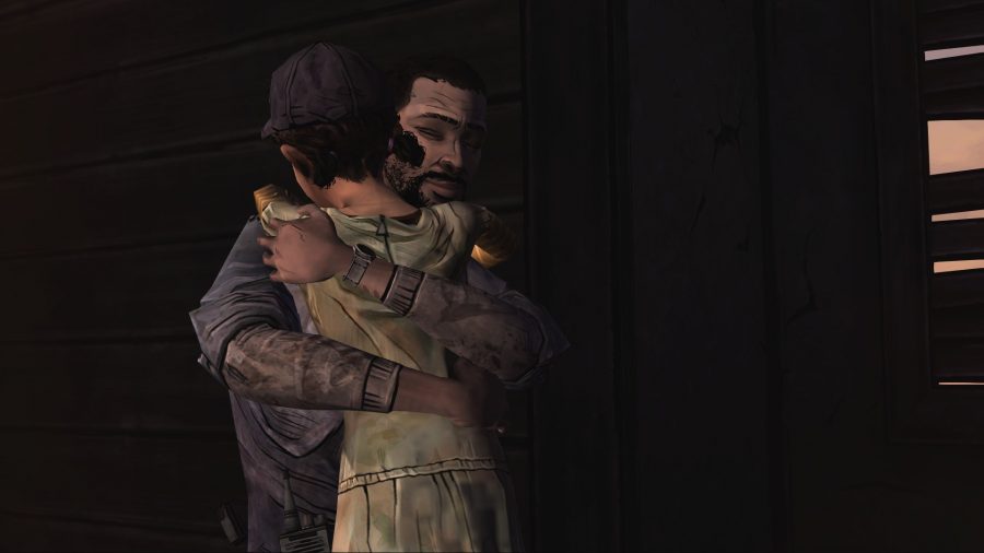 The Walking Dead game's Lee embracing Clem