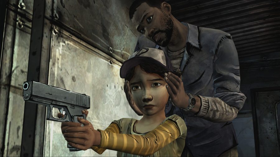 Lee from Telltale's The Walking Dead game showing Clem how to shoot a gun