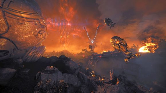 S shot of fiery war raging on a strange planet in Warframe expansion The New War