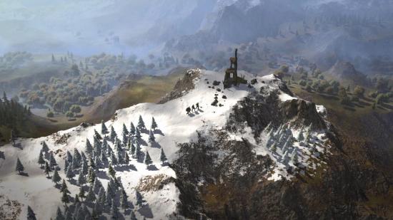 A band of adventurers climbs a snowy peak toward an abandoned stone lookout tower in Wartales.