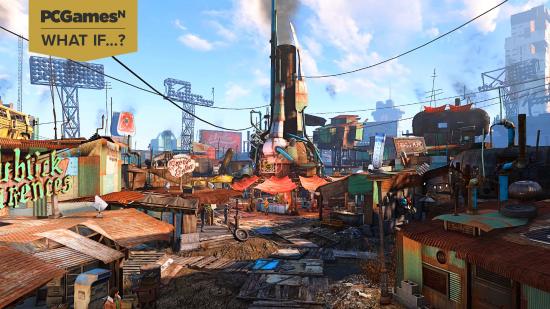 A view of Fallout 4's Diamond City, which showcases what a Fallout city builder could include