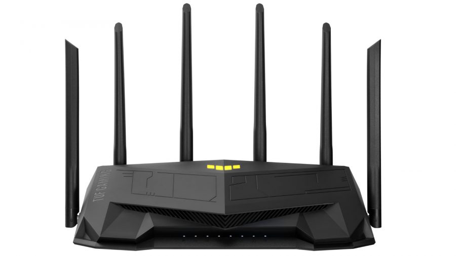 A product photo of the Asus TUF AX5400 gaming router