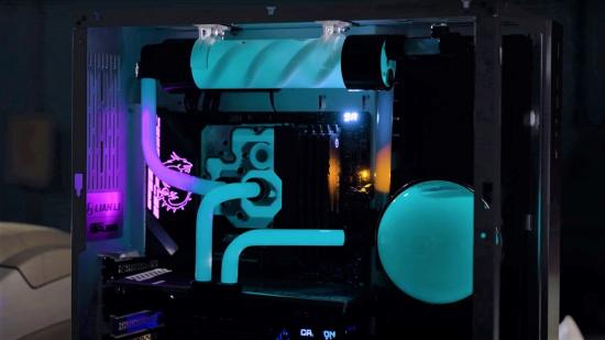 Image of inside bioluminescent gaming PC containing blue coolant