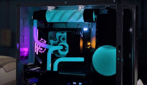 Image of inside bioluminescent gaming PC containing blue coolant