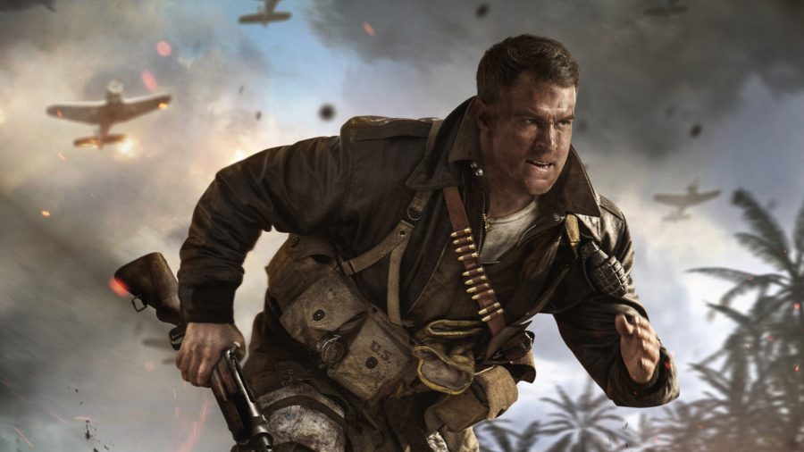 A heroic-looking US soldier patriotically runs in Call of Duty: Vanguard.