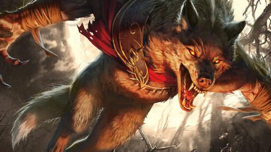 A Werewolf from the Magic: The Gathering Innistrad Midnight Hunt set, leaping with its teeth bared.