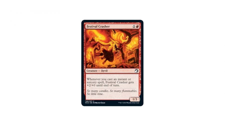 Festival Crasher is a red devil creature card that gets two attack whenever an instant or sorcery spell is cast until end of turn. It has an attack stat of one and toughness stat of three.