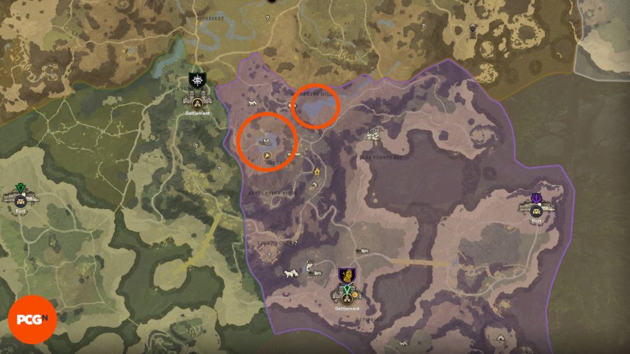 Two orange circles showing the best places to farm seeping stones for oil in New World.