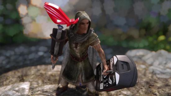 Skyrim's protagonist wields an Asus ROG-branded staff that looks like a keyboard and a mouse-shaped shield