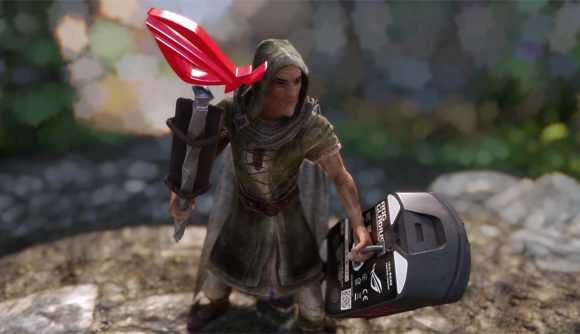 Skyrim's protagonist wields an Asus ROG-branded staff that looks like a keyboard and a mouse-shaped shield