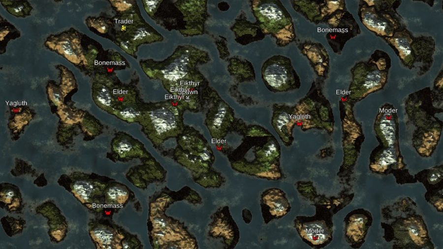 A Valheim map with segmented islands