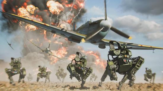 A plane flies over a number of mechs running from an explosion in Battlefield 2042