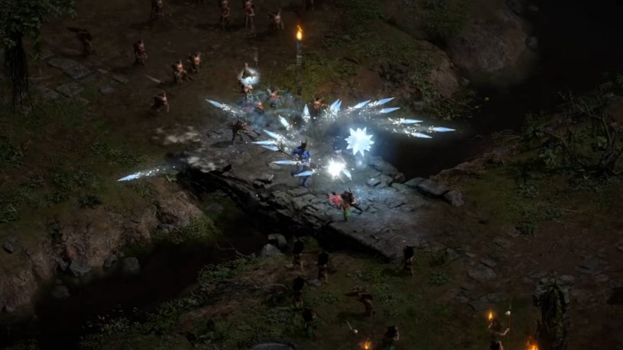 The Sorceress is casting a Frozen Orb from her best Diablo 2 Resurrected build. It's scattering ice bolts at enemies.