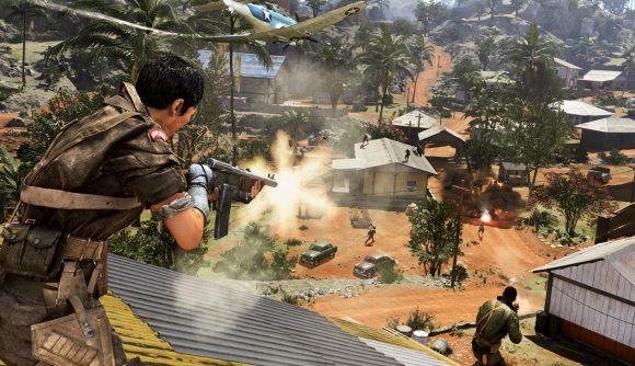 A firefight breaks out in a village on Caldera, the new battle royale map for Call of Duty: Warzone.