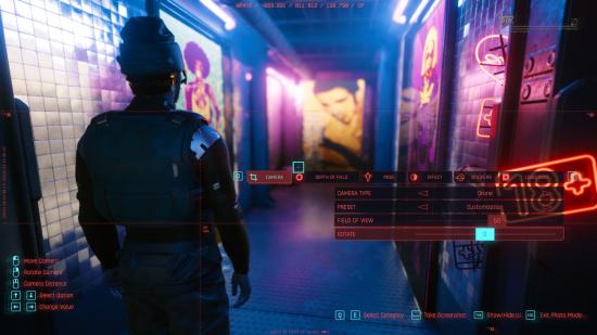 V heads down a neon-lit hallway in Cyberpunk 2077, and the interface for photo mode is displayed over the scene.