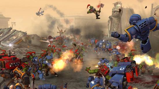 Orks and space marines clash violently in RTS game Dawn of War