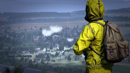 A soldier in yellow hazmat gear looks over a town shrouded in poisonous green gas in DayZ.