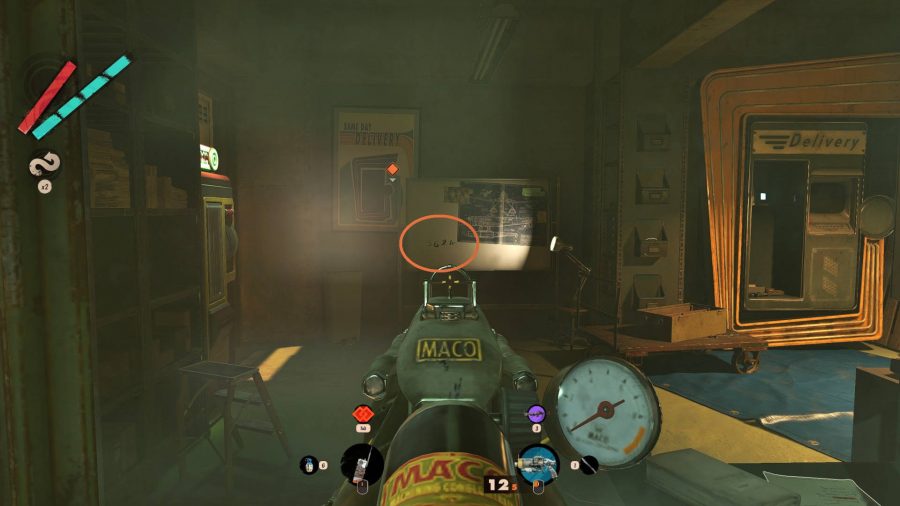 The location of the Deathloop delivery booth code is circled. This code is written on a whiteboard.