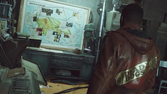 Colt, the protagonist of Deathloop, approaches a map showing the locations of his assassination targets