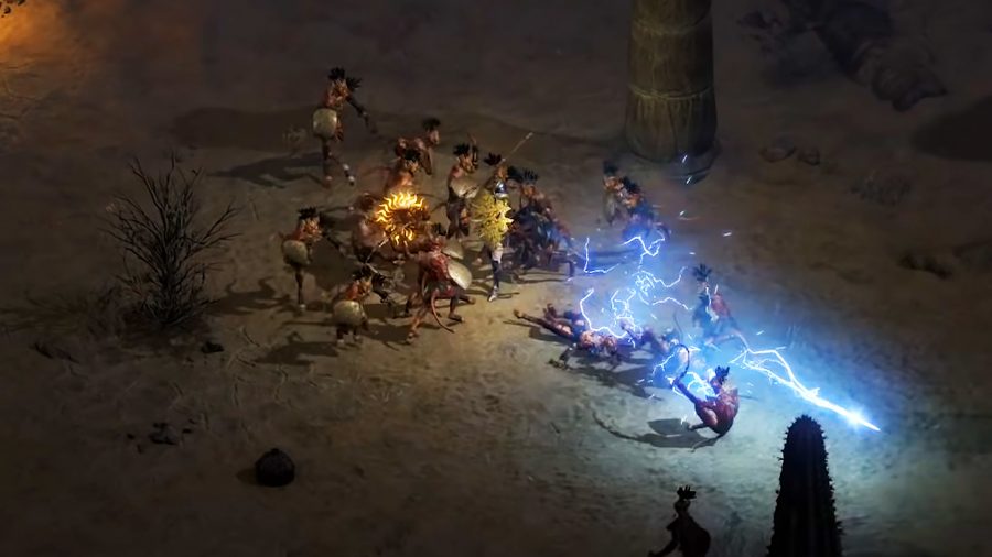 The Amazon in Diablo 2 Resurrected throwing a lightning spear at an enemy
