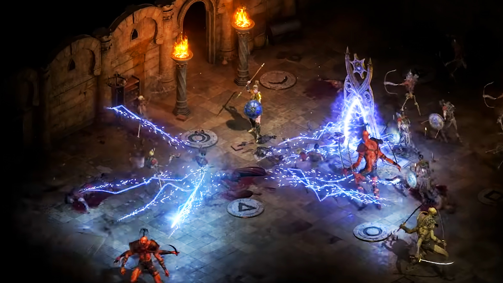 Amazon gebruikt de vaardigheid Lightning Fury om veel vijanden te vernietigen in Diablo 2 Resurrected