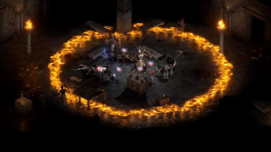 Варвар атакует нескольких врагов с помощью умения с областью действия в Diablo 2 Resurrected.