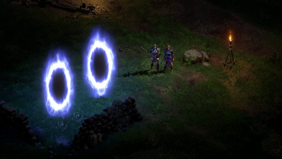 A Sorceress and Amazon next to two town portals in Diablo 2 Resurrected