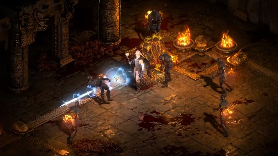 The Necromancer in Diablo 2 Resurrected summoning a fire golem to fight alongside him