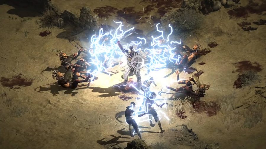 Lightning is emerging from the Paladin's sword as he attacks the surrounding enemies in Diablo 2 Resurrected