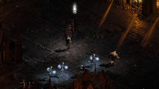 A Necromancer venturing into hell in Diablo 2 Resurrected, looking for runes..