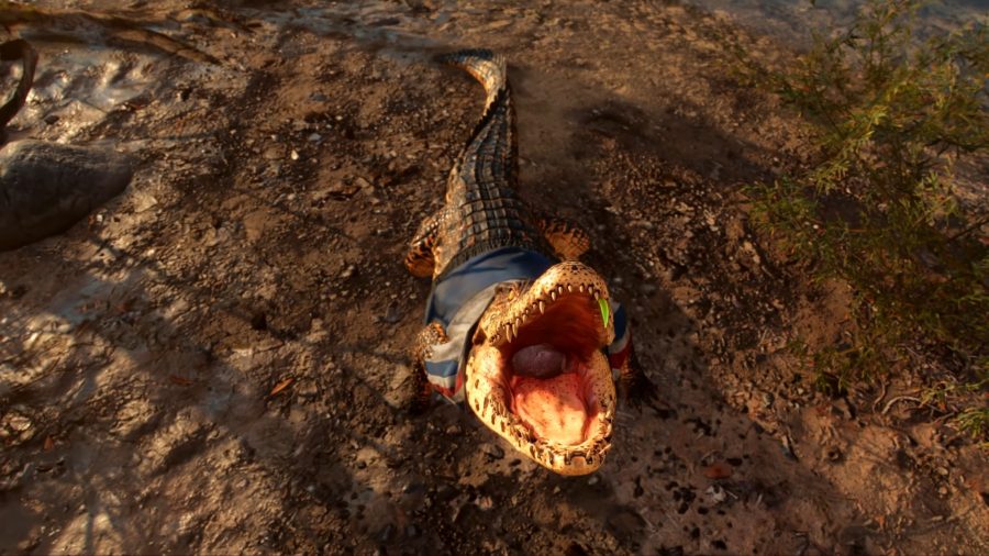 Guapo the handsome croc with his mouth wide open in Far Cry 6