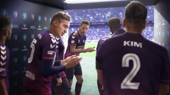 Players in purple uniforms prepare to take the pitch in a piece of key art for Football Manager 2022.