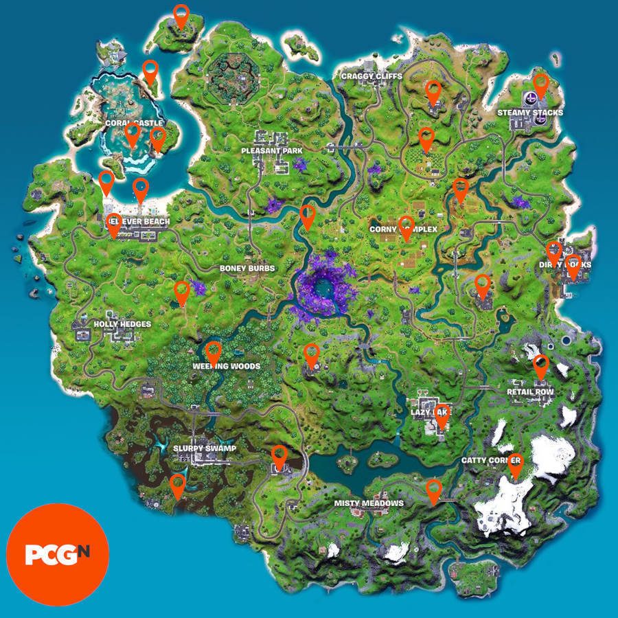 A map of Fortnite with orange map icons marking locations of NPCs