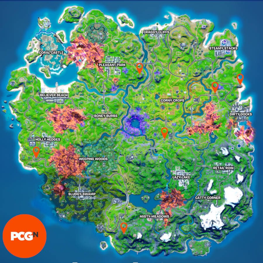 Um mapa com pinos laranja mostrando os locais de todas as bases e lugares de IO onde os guardas de IO aparecem em Fortnite