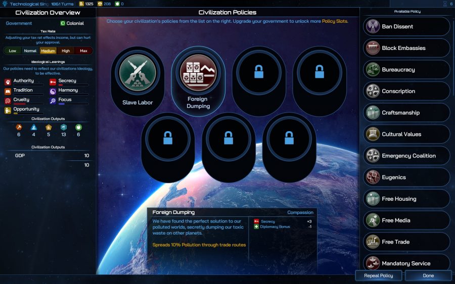 The policies screen in Galactic Civilizations 4