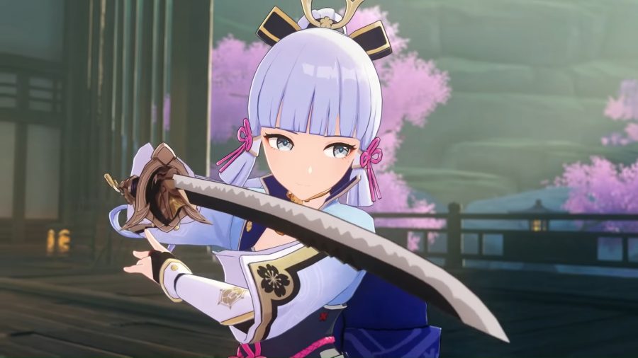 Genshin Impact Ayaka build: Ayaka holds her sword close to her cheek, pointing outward