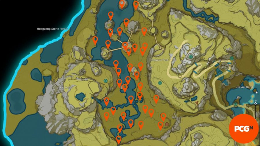 Карта, показывающая местоположения грудной клетки Mystmoon в Genshin Empact