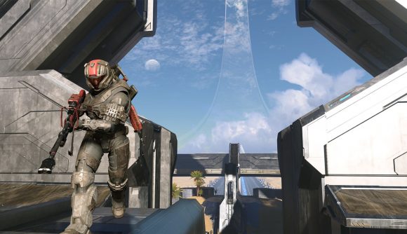 A Spartan approaches the camera in one of Halo Infinite's PvP modes