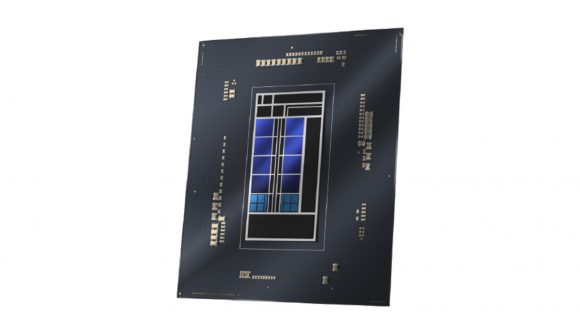 A 3D render of an Intel Alder Lake 12 generation Core processor