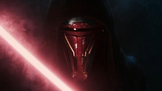 Darth Revan, a central KOTOR character, has his mask lit by the glow of a red lightsaber